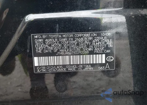 2009 Lexus Es 350 из США, поврежденный, VIN JTHBJ46G192292288